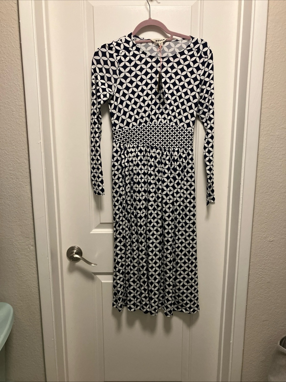 BODEN Navy Blue White Geometric EcoVero Jersey Midi Dress Long Sleeve Sz 4P NWT